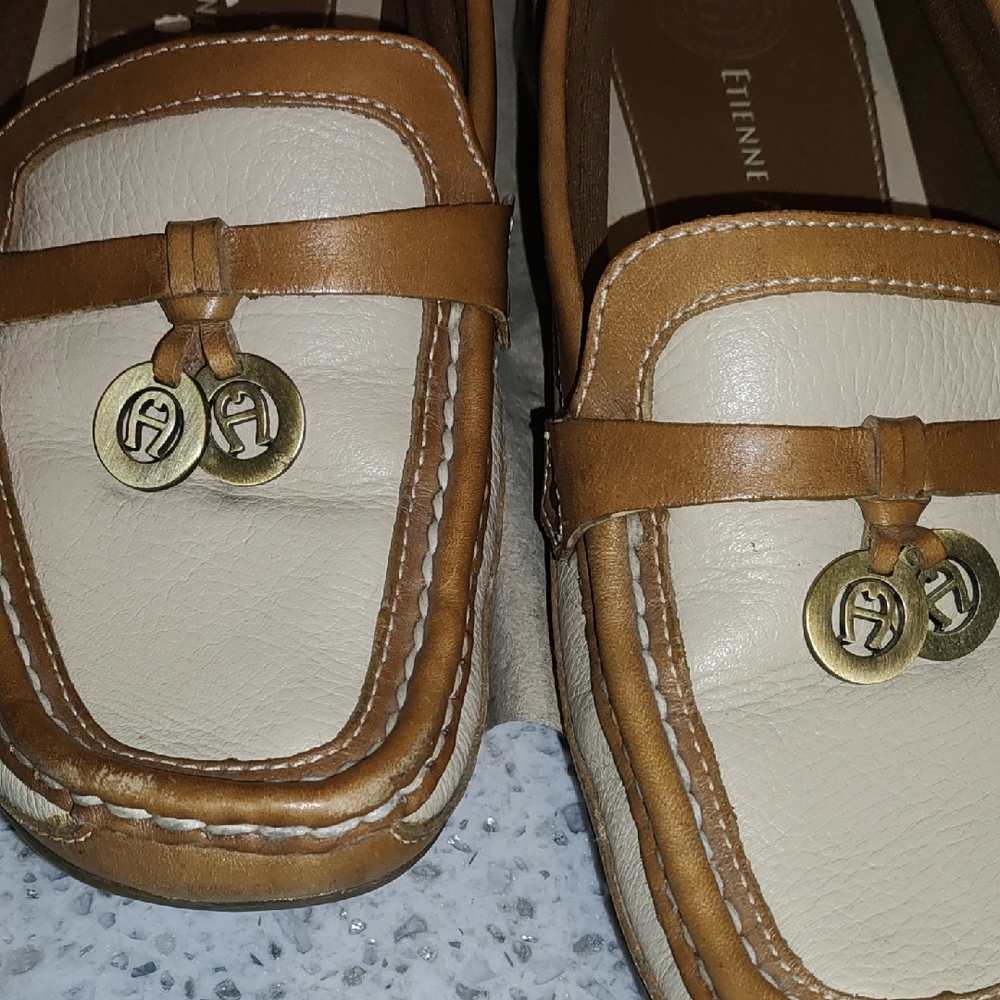 Etienne Aigner Cream and Tan Leather Loafers - Picture 9 of 9